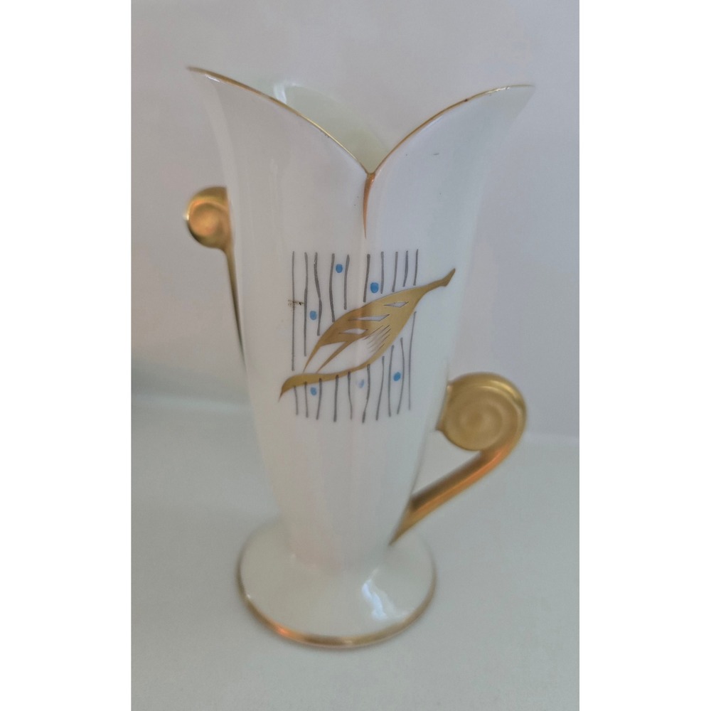 Vintage Hand Painted Japan Porcelain Bud Vase Gold Gilt Tulip Scroll Handles